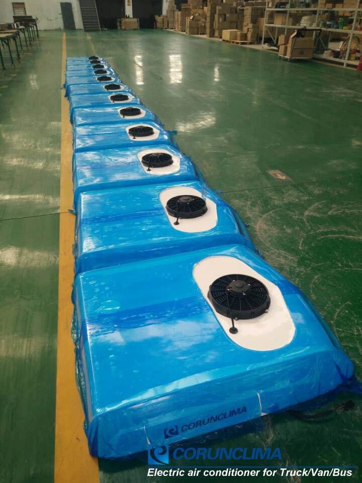 12V electric air conditioner shipped to customer 20 sets 12V electric air conditioner for van are ready to be shipped to customer. Model:AC60TB 8.5kw/29,000BTU  Suitable for Electric Van, Midsize Van, Minibus  Electric air conditioner for van is new Green technology. No need engine driven compressor. Easy installation, no noise, Zero Emission. This DC series air conditioner is driven by DC12V/DC24V directly (Alternator or Battery). All system (Compressor, Fan, Blower etc) are DC12V/DC24V electrical.  Engine drive alternator, the alternator drive the whole a/c system or alternator charge battery and battery drive the whole a/c system.  Advantage of electric van air conditioner 1.Installation is so easy.      1.1 No need install compressor     1.2 No need install air duct 1.3 No need charge refrigerant gas (fully charged R134A in factory)  2-3 hours is enough for one van.  2. Continuous Cooling when Engine-Off. ( when Van parking or Waiting) 3. Quiet. No compressor Noise. 4. Save Engine Power. No power consumption for compressor.  From the year 2006, we start design, manufacture, and export the Full Electric A/C units. We already own the key technology of the Full Electric A/C units for engineering vehicle.  If you are interested in our products or want to be our dealer, please feel free to contact us. info@corunclima.com